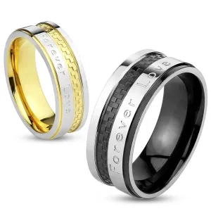 Čelični prsten srebrno-zlatne boje, uzorak šahovnice, natpis 