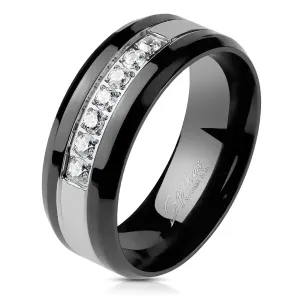 Čelični prsten u crno-srebrnoj nijansi – ukrasna linija izrađena od prozirnih cirkona, 8 mm - Veličina: 67