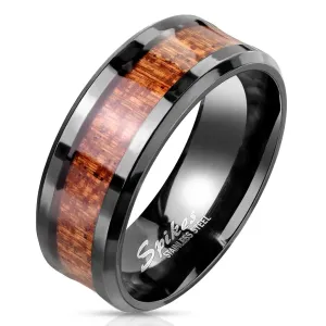 Čelični prsten u crnoj boji - pruga s drvenim motivom, glatka prozirna glazura - Veličina: 54