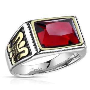 Čelični prsten u srebrnoj boji s crvenim kristalom - ukrasi sa strane, crna glazura, 13 mm - Veličina: 67