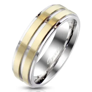 Čelični prsten u srebrnoj boji - ukrašen s dvije pruge u zlatnoj boji, 6 mm - Veličina: 60