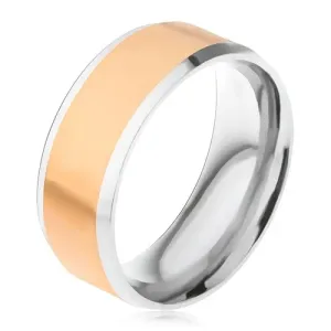 Čelični prsten, zlatna centralna pruga, kosi srebrni rubovi - Veličina: 57