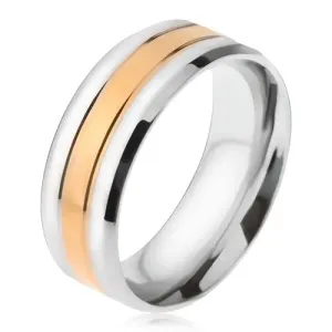 Čelični prsten, zlatna i dvije srebrne pruge, kosi rubovi - Veličina: 56
