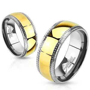 Čelični prsten, zlatna pruga, spušteni rubovi, usječene linije - Veličina: 65