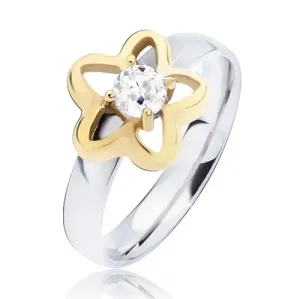 Čelični prsten, zlatna silueta cvijeta sa prozirnim okruglim cirkonom - Veličina: 57