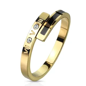 Čelični prsten zlatne boje – crna traka, dva prozirna cirkona, rimski brojevi, 2 mm - Veličina: 49
