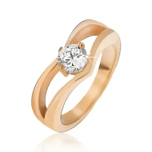 Čelični prsten zlatne boje, dvostruki vrh, okrugli prozirni cirkon - Veličina: 49