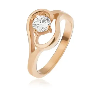 Čelični prsten zlatne boje, krakovi ukrašeni valom, prozirni cirkon - Veličina: 51