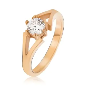 Čelični prsten zlatne boje, odvojeni krakovi, prozirni kamen - Veličina: 51