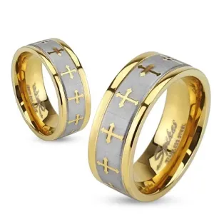 Čelični prsten zlatne boje, srebrna satenska pruga, heraldički križevi - Veličina: 49