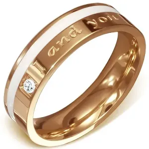 Čelični vjenčani prsten bakrene boje - natpis I and you, bijela pruga, cirkon - Veličina: 54