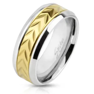 Čelični vjenčani prsten - pruga s zarezima zlatne boje, uske linije srebrne boje sa strane, 8 mm - Veličina: 65