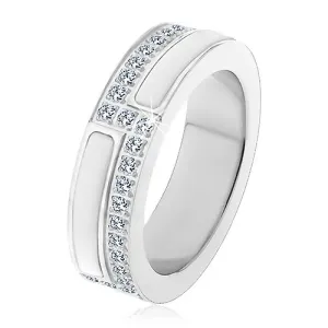 Čelični vjenčani prsten srebrne boje, pruge od bijele keramike i prozirni cirkoni - Veličina: 62