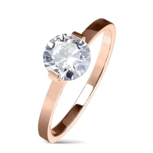 Čelični zaručnički prsten bakrene boje, okrugli prozirni cirkon, sjajni krakovi - Veličina: 49