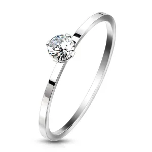 Čelični zaručnički prsten srebrne boje - cirkon prozirne boje u postolju, uski krakovi - Veličina: 49