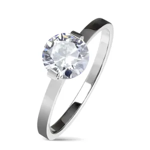 Čelični zaručnički prsten srebrne boje, okrugli prozirni cirkon, sjajni krakovi - Veličina: 50