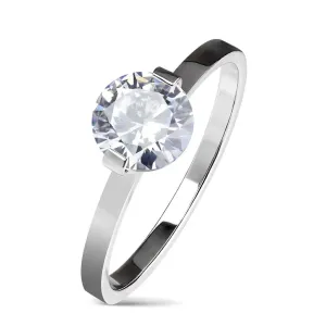 Čelični zaručnički prsten srebrne boje, okrugli prozirni cirkon, sjajni krakovi - Veličina: 60