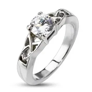 Čelični zaručnički prsten - zapetljani uzorak, okrugli cirkon - Veličina: 48