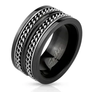 Crni čelični obruč prstena, dva srebrna lančića - Veličina: 60