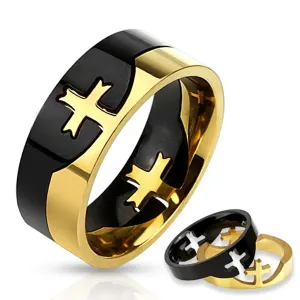 Crno-zlatni dvodijelni prsten izrađen od nehrđajućeg čelika, križ - Veličina: 62