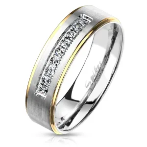 Dvobojni čelični prsten, srebrna i zlatna boja, prozirni cirkoni, 6 mm - Veličina: 49