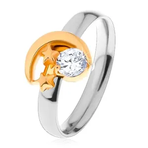 Dvobojni prsten izrađen od 316 L čelika, polumjesec, dvije male zvijezde i prozirni cirkon - Veličina: 50