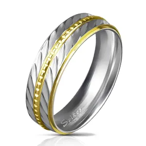 Dvobojni vjenčani prsten od 316L čelika, dvije uske pruge sa dijagonalnim usjecima, 6 mm - Veličina: 67