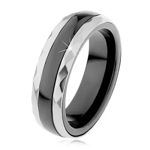 Keramički prsten crne boje, brušene čelične pruge srebrne boje - Veličina: 59