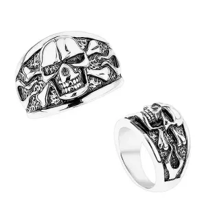 Krupni prsten izrađen od 316L čelika, konveksna lubanja s kostima ukriž, crna patina - Veličina: 64