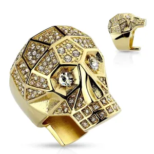 Masivni 316L čelični prsten, zlatne boje, lubanja, prozirni kristali - Veličina: 60