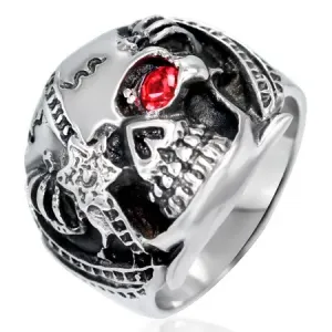 Masivni čelični prsten - ratnička lubanja s crvenim cirkonom, patina - Veličina: 62