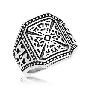 Masivni prsten srebrne boje, 316L čelik, malteški križ, ukrašeni krakovi - Veličina: 60
