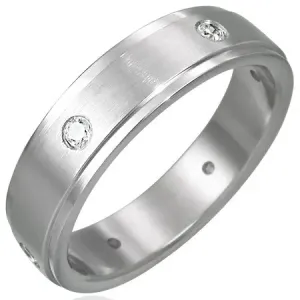 Mat čelični prsten sa šest umetnutih cirkona - Veličina: 54
