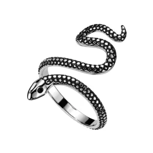 Otvoreni prsten od nehrđajućeg čelika - motiv zmije, srebrne boje s patinom - Veličina: 55