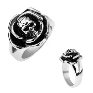 Patinirani čelični prsten, ruža sa lubanjom u sredini, razdvojeni krakovi - Veličina: 57