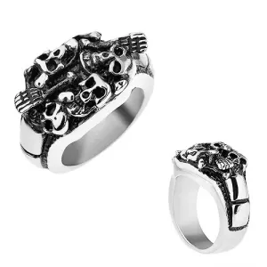 Patinirani prsten izrađen od 316L čelika, srebrna boja, konveksne lubanje i kosti - Veličina: 57