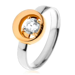 Prsten izrađen od 316L čelika, okrugli prozirni cirkon u krugu s prorezom, dvobojni - Veličina: 49