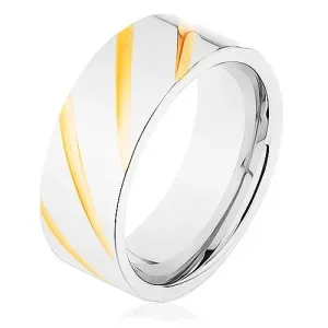 Prsten izrađen od 316L čelika, površina srebrne boje, dijagonalni utori zlatne boje - Veličina: 58