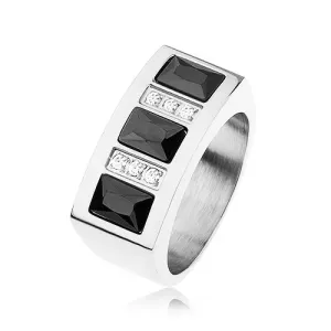 Prsten izrađen od 316L čelika s utisnutim svjetlucavim prozirnim i crnim cirkonima - Veličina: 57