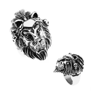 Prsten izrađen od 316L čelika, srebrna boja, lavlja glava, vrpca oko glave s perima, lubanje - Veličina: 56