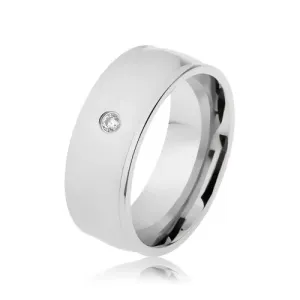 Prsten izrađen od 316L čelika, srebrna boja, sjaj, izdignuti rubovi, prozirni cirkon - Veličina: 59
