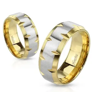 Prsten izrađen od 316L čelika, zlatne i srebrne boje, usjeci na rubovima, 6 mm - Veličina: 49