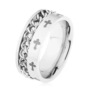 Prsten izrađen od čelika 316L srebrne boje, lanac, ljiljanski križevi - Veličina: 57