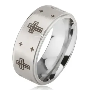 Prsten izrađen od čelika - srebrni obruč s mat središnjim dijelom, otisak križa - Veličina: 60