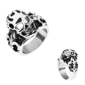Prsten izrađen od kirurškog čelika srebrne boje, patinirana lubanja, heraldički ljiljan - Veličina: 66