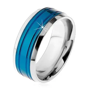 Prsten izrađen od nehrđajućeg čelika, plava pruga, rubovi srebrne boje, usjeci, 8 mm - Veličina: 57