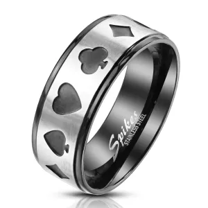 Prsten napravljen od čelika u crno - srebrnoj nijansi - simboli igraćih karata pokera, 8 mm - Veličina: 65