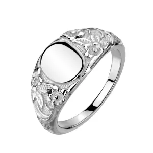 Prsten od čelika 316L - sjajni oval, ugravirani cvjetići, srebrne boje - Veličina: 57