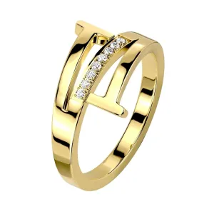 Prsten od čelika 316L zlatne boje - trostruka linija ramena, red prozirnih cirkona - Veličina: 52