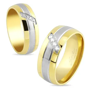 Prsten od čelika, linije zlatne i srebrne boje, ukošena pruga sa prozirnim cirkonima, 8 mm - Veličina: 59